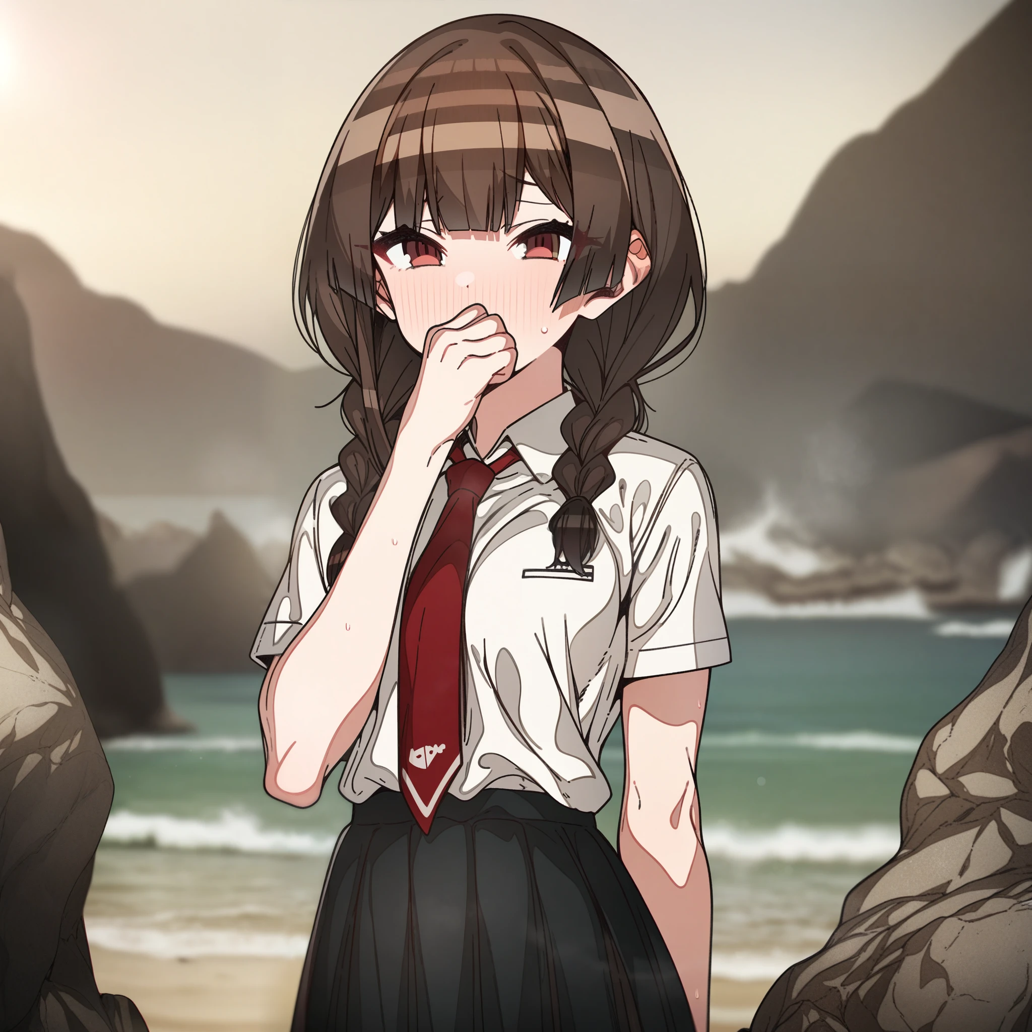 houshou_marine with brown hair and brown eyes, Artist, erere, Copyrights, idolmaster, idolmaster_shiny_colors, Character, General, 1girl, brown_hair, blunt_bangs, blush, medium_breasts, breasts, detailed eyelashes, beatiful girl:1, brown_eyes, censored, school_uniform, black pleated skirt:0.7, black blazer:0.5, white shirt, red tie, twin_braids, :|:0.5, (full_body) (standing in middle, beach, rocks), sky:0.7, half-closed_eyes, detailed, sand, outdoors, from_side, looking_at_viewer, masterpiece, best_quality, great_quality, girl, solo, center_composition, centered character, cute, rubbing_eyes, sleepy