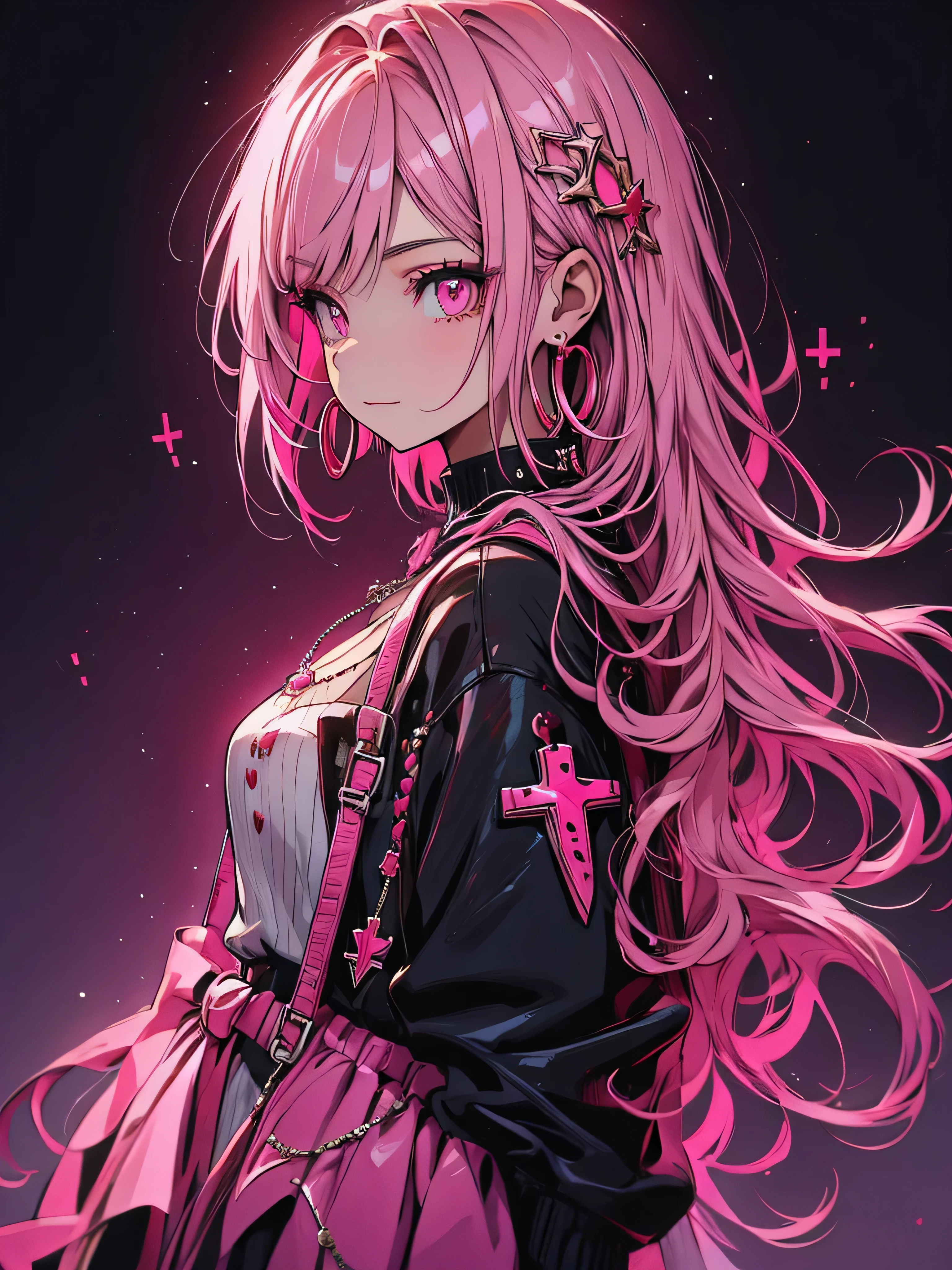 red stream, 1 girl, smile, alone, Long Hair, Looking at the audience, White Background, jewelry, Mouth closed, Jacket, Upper Body, Pink Hair, Earrings, Pink Eyes, necklace, From the side, sweater, eyelash, Compensate, short hair, Earrings, cross, ear Earrings, eye shadow, hoop Earrings, variegated hair, Pink Theme, , pink eye shadow