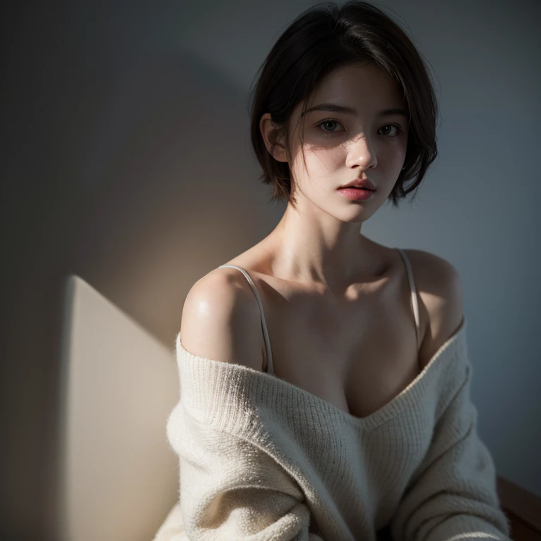 Best quality, masterpiece, ultra high res, (photorealistic:1.5), raw photo, 1girl, offshoulder, in the dark, deep shadow, low key, cold light, sexy look, short hair