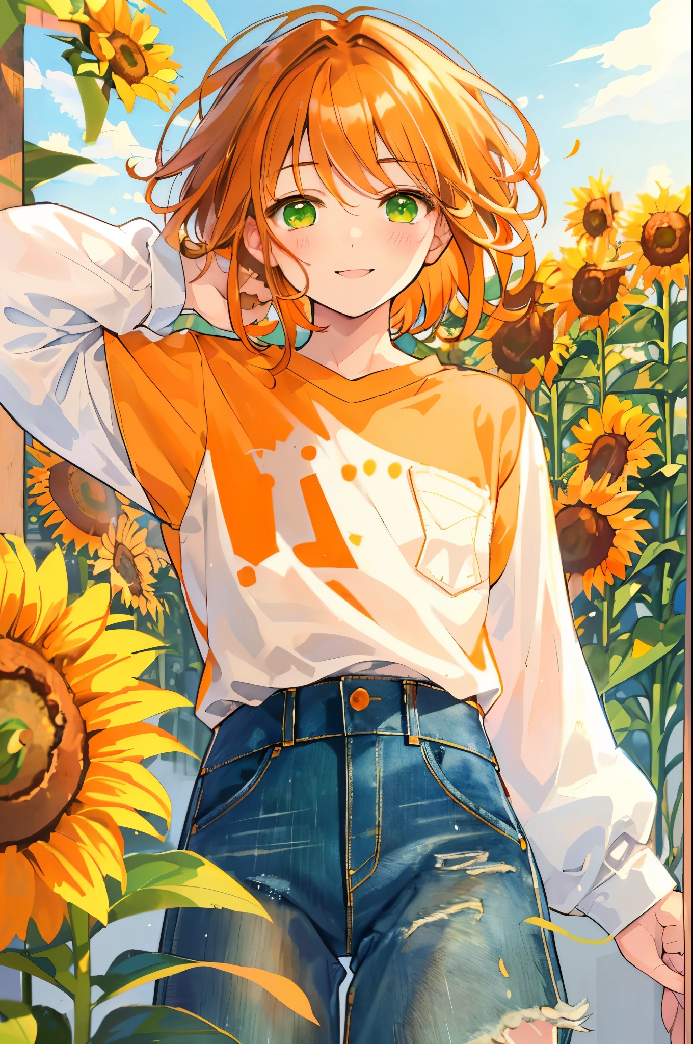 masterpiece、highest quality、Super detailed、Very delicate、solo、One boy、1 male、(Orange brown hair:1.25),(Fluffy hair:1.2),(short hair:1.2),(Center parted bangs),sunflower,(Green Eyes:1.4),(blush)、smile,(Long sleeve shirt:1.25),(denim:1.35),