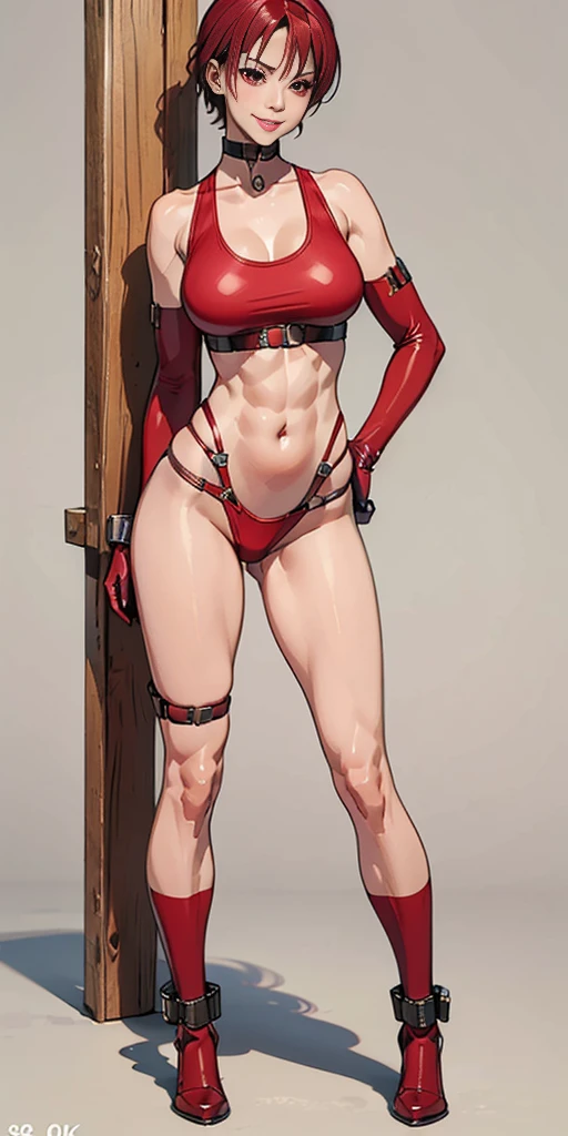 (plain background, 8k, best quality, masterpiece, realistic, photo-realistic:1.37) (full body height standing straight symmetrical contrapposto) (looking at viewer) 2legs apart (wide stance) ultra detailed, 1solo cute girl (beautiful detailed eyes) (smile:1.2) (closed mouth) view from below depth of field, good composition, bob hair, perfect knockers, suspenders, toned body, athletic, wide hips, thin waist, toned arms, exposed abdomen, abs toned, navel, big belly button belt ((red cheeks, red eyes, red tank top, red thong, red gloves gauntlets, red stockings thighs)) (Rei Kishimoto) standing contrapposto bondage outfit blindfolded cover eyes wooden pole