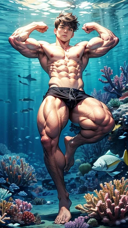 Full body image, Boy 18 years old, big muscles, shirtless, short hair, sexy, tired face. Sexy poses under the sea, armpit hair, Perfect, round buttocks, Bottom view from the back