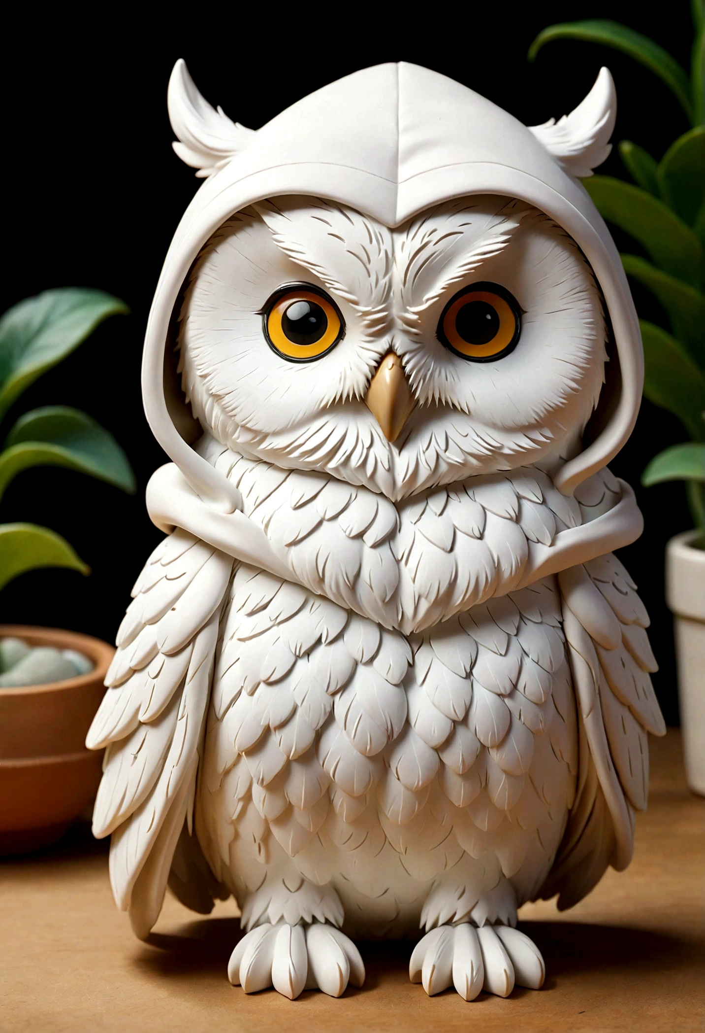 Vibrant fantasy cute white owl wearing white hooded style created in clean minimalist style ( Perfect anatomical structure ) Calm and peaceful very cute white owl (Cute white owl clay figurine, ), (masterpiece),逼真的masterpiece (best quality), (Ultra-high detail)  Very cute white owl doll without bottom seat amazing artwork super detailed digital art