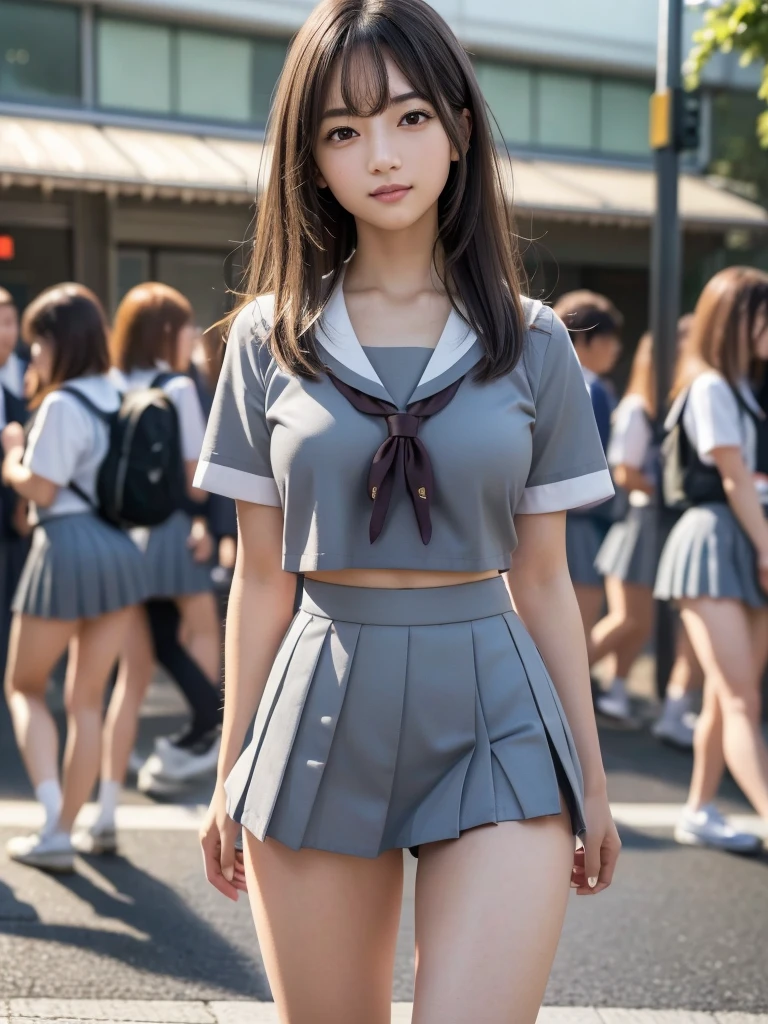 (8k, RAW Photos, highest quality, masterpiece:1.2), (Realistic, photo-Realistic:1.4), (Highly detailed 8k wallpaper), Sharp focus, Depth of written boundary, Cinematic lighting, Soft Light,Eyes of delicate beauty,shiny smooth light brown Long Bob Hair, Asymmetrical bangs, Glowing Skin, Ultra-dense skin,High resolution, High Detail, Detailed hairstyle, Detailed facial beauty, hyper Realistic, Perfect limbs, Perfect Anatomy ,1 Japanese girl,Famous Japanese Idols, Perfect female body, Large Breasts,smile,Short eyelashes,double eyelid,Long Bob Hair, (school uniform : 1.3), (Micro Mini Skirt Grey Micro Mini Skirt:1.3),Watching the audience, (Crowded street:1.3),Cowboy Shot