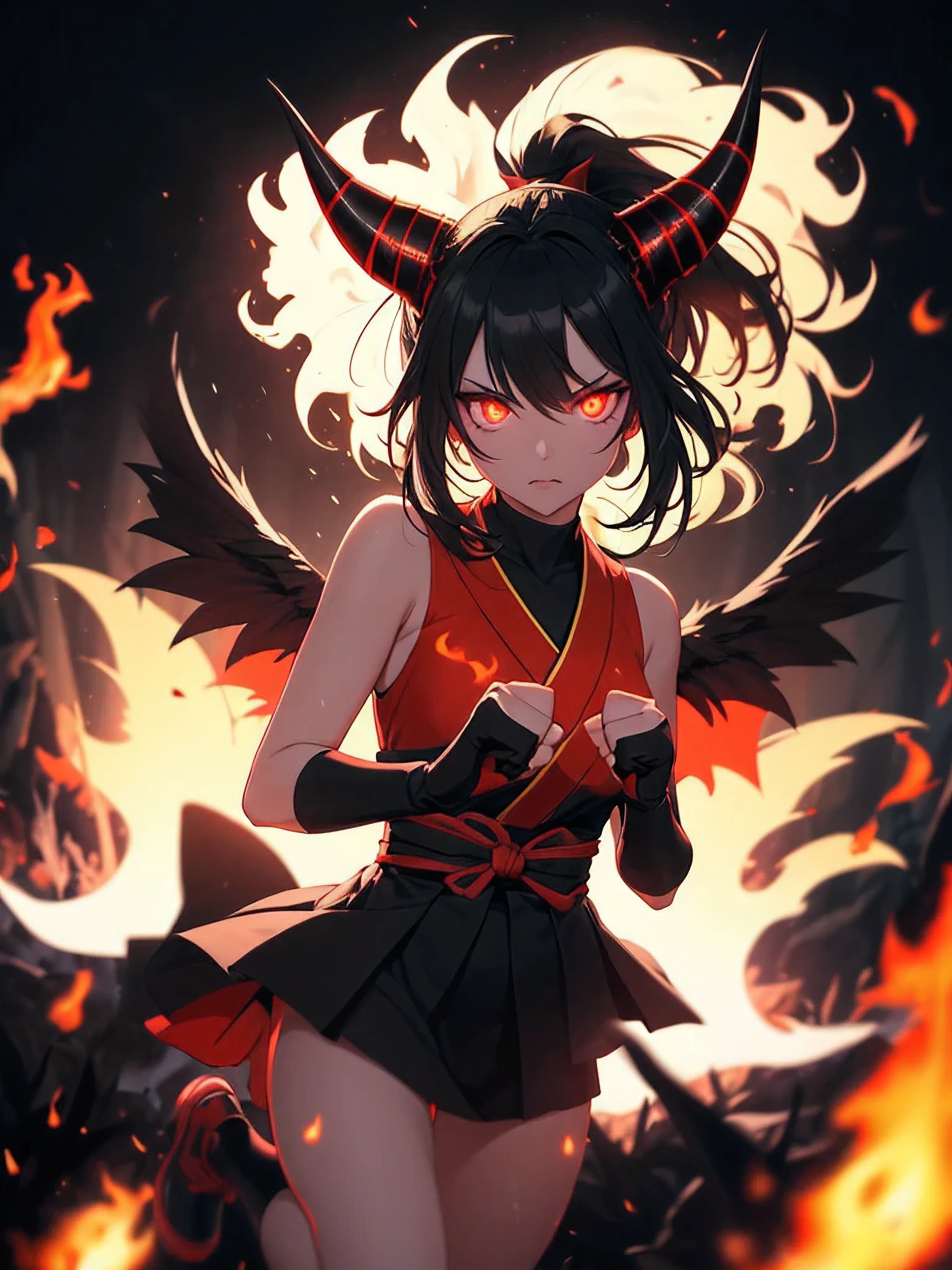 (best quality, 4k, 8k, highres, masterpiece:1.2),girl, (fisheye lens), furious, ninja, high ponytail, light flare, one knee, flames, fists floating hair, smoke, flames, (blurry background), Japanese forest, rain, black background, (glowing eyes), night sky, stars, (silhouette), embers, light particles, (feathered wings), satan horns, 666, 666, 666, 666, 666, 666