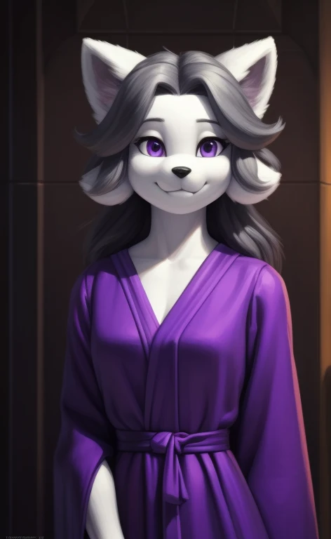 [temmie], [undertale], [Uploaded to e621.net; (Pixelsketcher), (wamudraws)], ((masterpiece)), ((HD)), ((solo portrait)), ((front view)), ((furry; anthro)), ((detailed fur)), ((detailed shading)), ((beautiful render art)), {anthro; (slim figure), (white body fur), black nose, cute violet eyes, long grey hair, (calm look), (calm smile) }, {purple robe)}, {(standing), (looking at viewer)}, [background; (throneroom), (ambient lighting)]