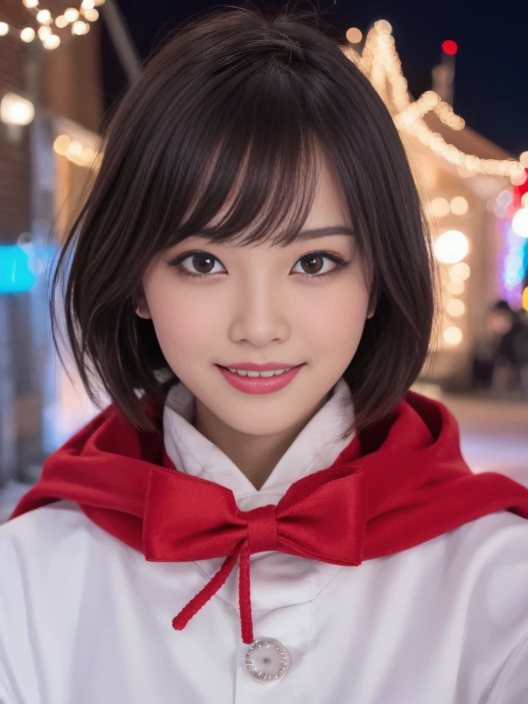 1girl, santa claus costume, symmetry, beautiful cute girl, slender figure, (ultra short hair:1.5), ultra big smile, Beautiful large round droped detailed eyes, beautiful detailed lips, extremely detailed face, natural makeup,Incredibly beautiful skin, (best quality,4k,8k,highres,masterpiece:1.5),(ultra-detailed,realistic,photorealistic,photo-realistic:1.75),professional,vivid colors,studio lighting,snowing night town,christmas eve