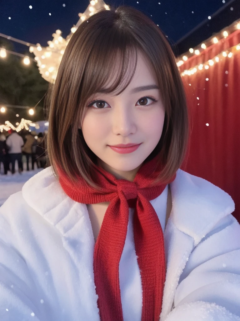1girl, santa claus costume, symmetry, beautiful cute girl, slender figure, (ultra short hair:1.5), ultra big smile, Beautiful large round droped detailed eyes, beautiful detailed lips, extremely detailed face, natural makeup,Incredibly beautiful skin, (best quality,4k,8k,highres,masterpiece:1.5),(ultra-detailed,realistic,photorealistic,photo-realistic:1.75),professional,vivid colors,studio lighting,snowing night town,christmas eve