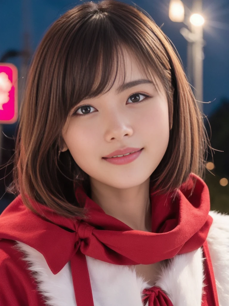 1girl, santa claus costume, symmetry, beautiful cute girl, slender figure, (ultra short hair:1.5), ultra big smile, Beautiful large round droped detailed eyes, beautiful detailed lips, extremely detailed face, natural makeup,Incredibly beautiful skin, (best quality,4k,8k,highres,masterpiece:1.5),(ultra-detailed,realistic,photorealistic,photo-realistic:1.75),professional,vivid colors,studio lighting,snowing night town,christmas eve