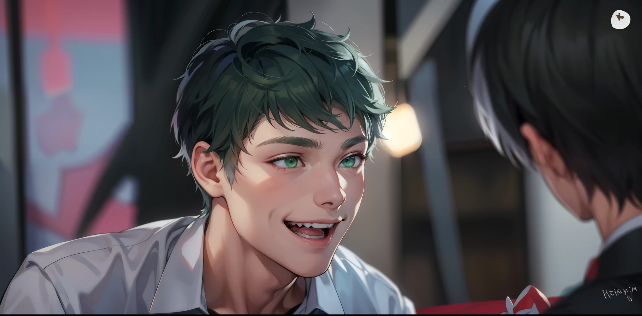 cute 18 year old boy, green eyes, white hair, smile and mischievous look, he is talking with joy