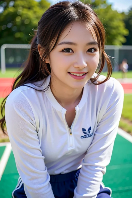 (18years old:1.2), (8k, raw photo realistic:1.2),  lovely idol, grin, wavy hair, hair bun, fullbody
BREAK
Cute Japanese actress in Adidas long sleeve tracksuit, on athletics track, happy expression, shy smile, (fullbody), (windblown long hair:1.2), 
BREAK
masterpiece, (best quality:1.2), ultra highres, (photorealistic:1.4), (extremely perfect anatomy body parts), realism, natural light, depth of fields, (Detailed Background, perfect composition), highly detailed, detailed face, extremely detailed, ultra-detailed, 8K wallpaper, extremely awesome detailed, dynamic lighting, deep shadows, photorealistic, realistic face, well-groomed face, japanese cute idol, cute & sexy, prostitute_expression, adorable, (pretty idol), (small mouth), small head, ((chiseled face)), no makeup, natural skin, pores, (absurdly cute)