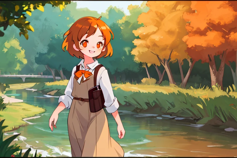 High resolution,high quality,Perfect body,Perfect Face,Perfect Fingers,Beautiful Skin,1girl,River bank,Walking female student,,short hair,Chestnut Hair,Orange Eyes,smile,looking at the camera