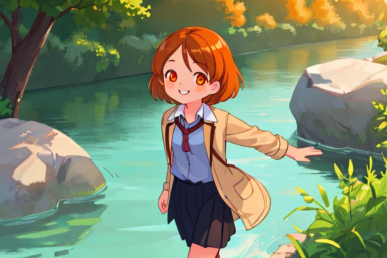 High resolution,high quality,Perfect body,Perfect Face,Perfect Fingers,Beautiful Skin,1girl,River bank,Walking female student,,short hair,Chestnut Hair,Orange Eyes,smile,looking at the camera