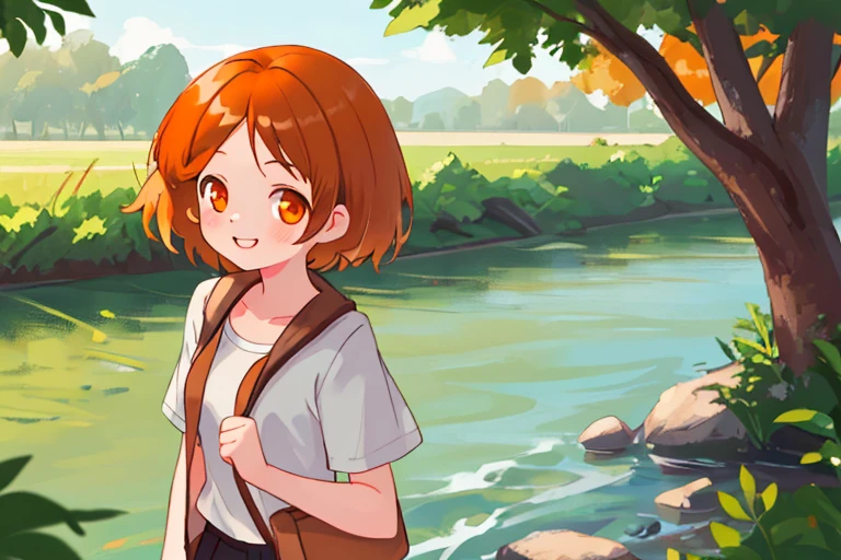 High resolution,high quality,Perfect body,Perfect Face,Perfect Fingers,Beautiful Skin,1girl,River bank,Walking female student,,short hair,Chestnut Hair,Orange Eyes,smile,looking at the camera