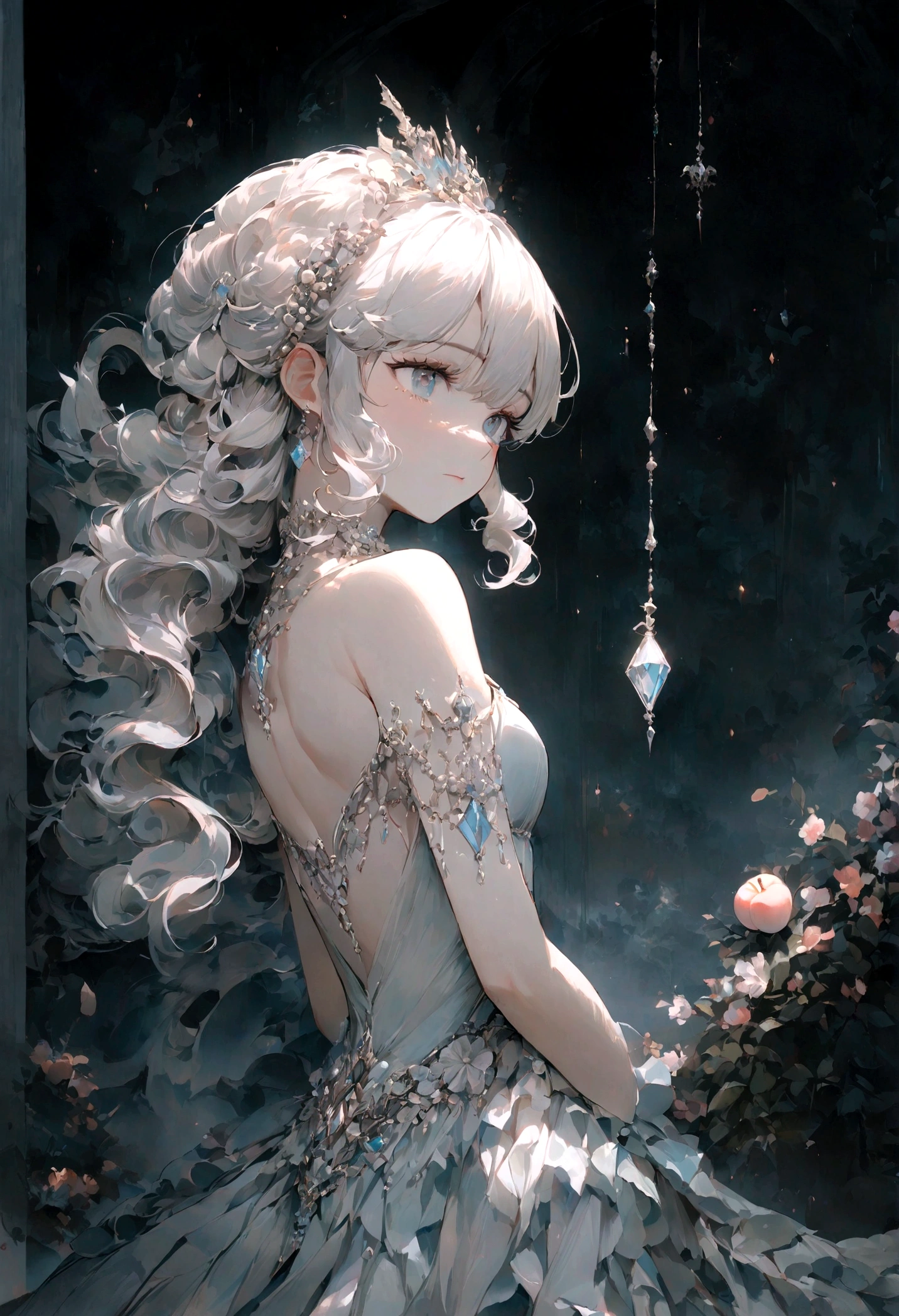 (highest quality, 4K, 8k, High resolution, masterpiece:1.2), Super detailed, 18-year-old mermaid,peach, Night beach,Beautiful Moonlit Night,Curly hair details, Relaxed, natural posture,Graceful posture, Dreamy atmosphere, Shedding pearly tears,Expressive brushwork, Mysterious atmosphere, Artistic interpretation,Delicately rolled hair,Intricately detailed pearl accessories, Crystal Diamond Jewelry,Small fresh aesthetics, Fantasy Illustration, Subtle colors and tones, Mysterious Aura,Details have been upgraded