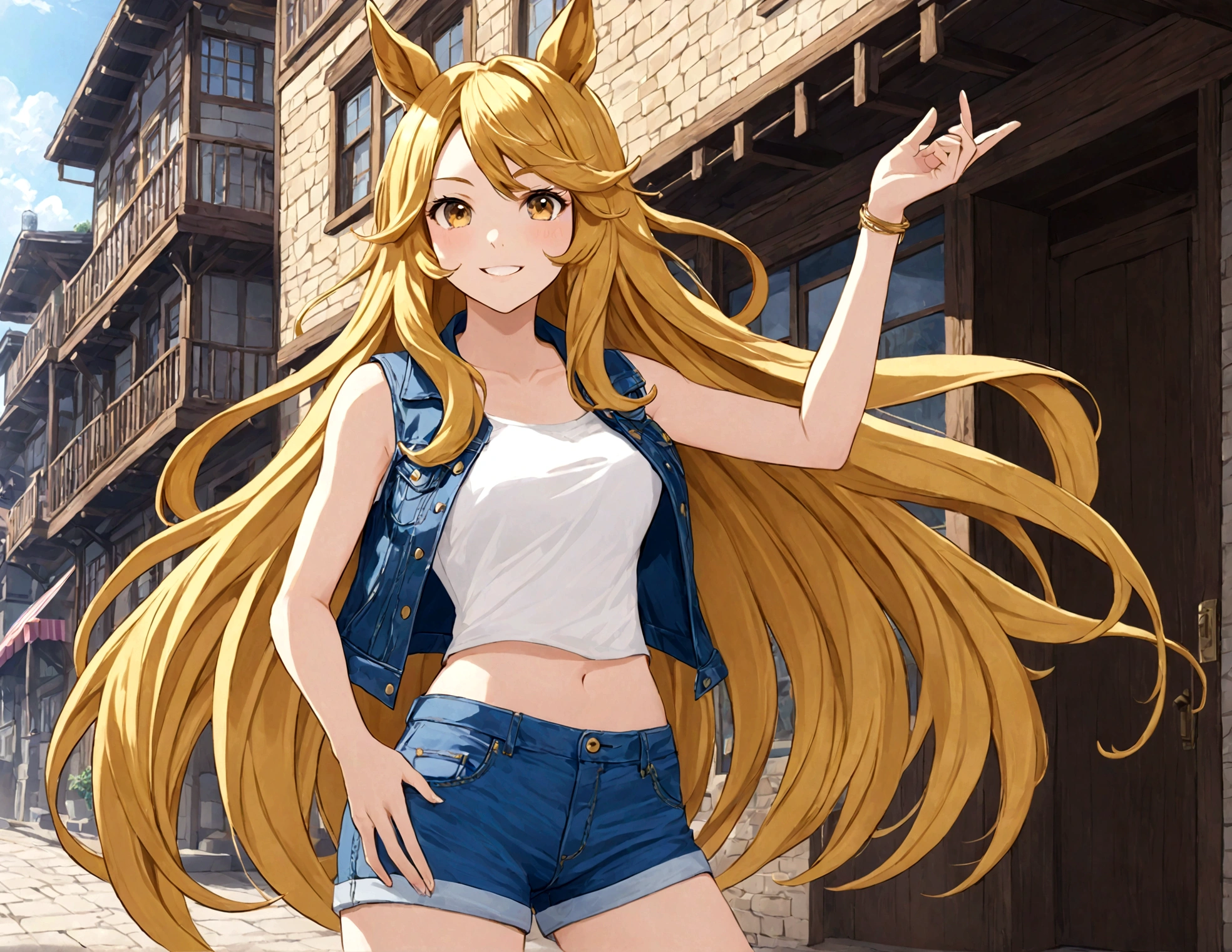 gold_city, umamusume, cygames, detailed, beautiful golden wave long hair, shiny elegant smile, One handed akimbo, posing, long white legs, show shoulders and arms, short jeans, open sleevelessdenim jacket