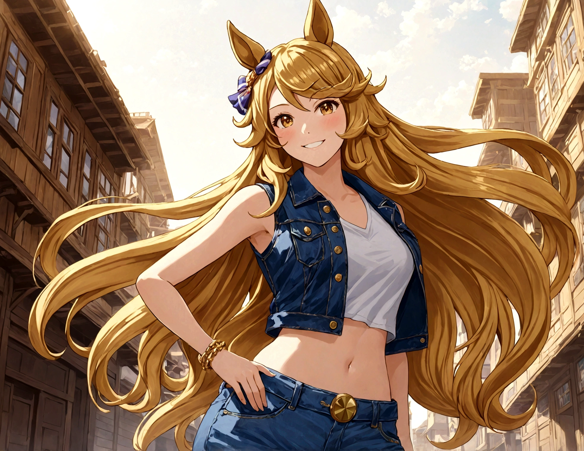 gold_city, umamusume, cygames, detailed, beautiful golden wave long hair, shiny elegant smile, One handed akimbo, posing, long white legs, show shoulders and arms, short jeans, open sleevelessdenim jacket