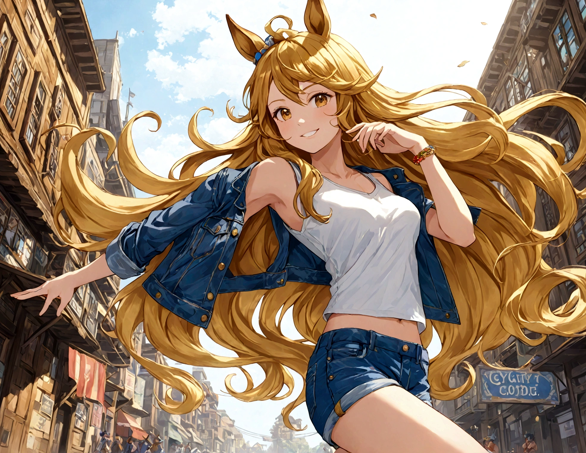 gold_city, umamusume, cygames, detailed, beautiful golden wave long hair, shiny elegant smile, One handed akimbo, posing, long white legs, show shoulders and arms, short jeans, open sleevelessdenim jacket