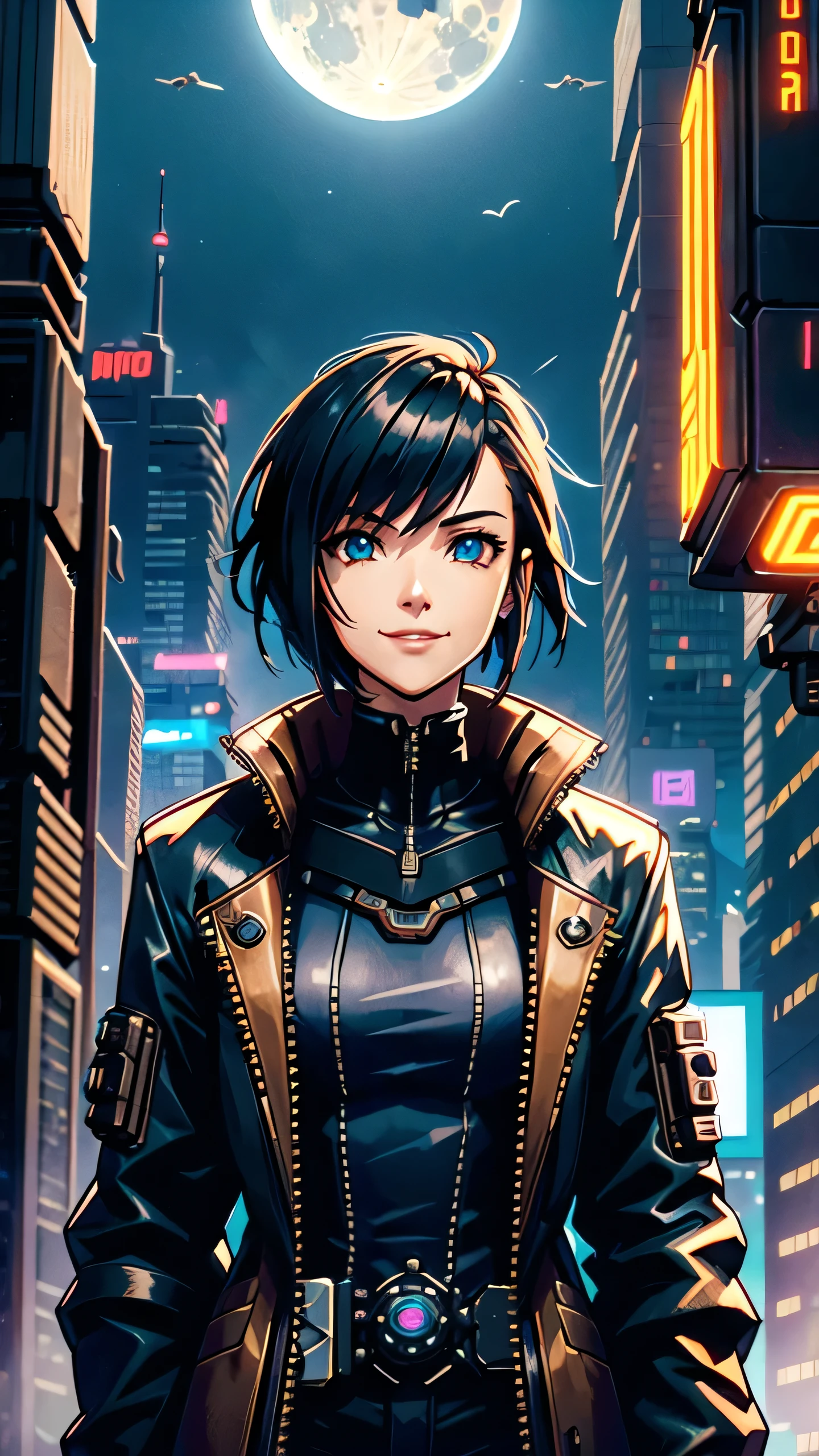 ((cyberpunk style)), Hi-Tech city, mechanical enhancement, (high-tech fantasy), robotics, blade runner 2049, ((steampunk style)), (mechanisms), fantasy, gear decoration, Short-haired girl、Looking up at the moon in the sky and smiling、Upper Body