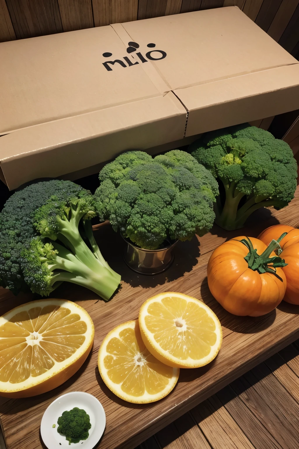 Crie uma imagem com os seguintes alimentos: Milho , Espinafre, Couve, Alface, Tangerina, Laranja, Ervilha, broccoli, Cenoura