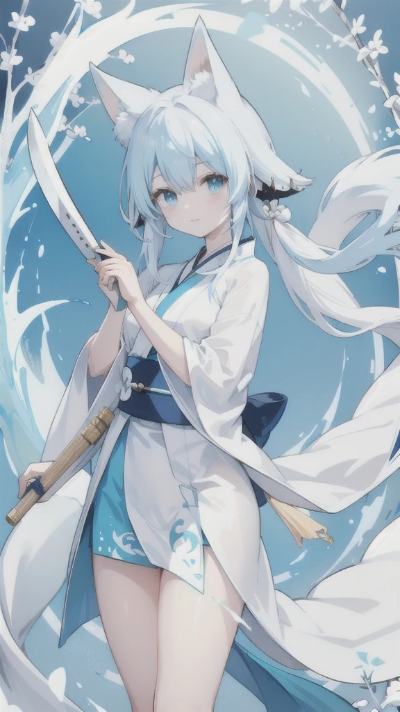 White Fox God，White Hanfu，cyan long knife