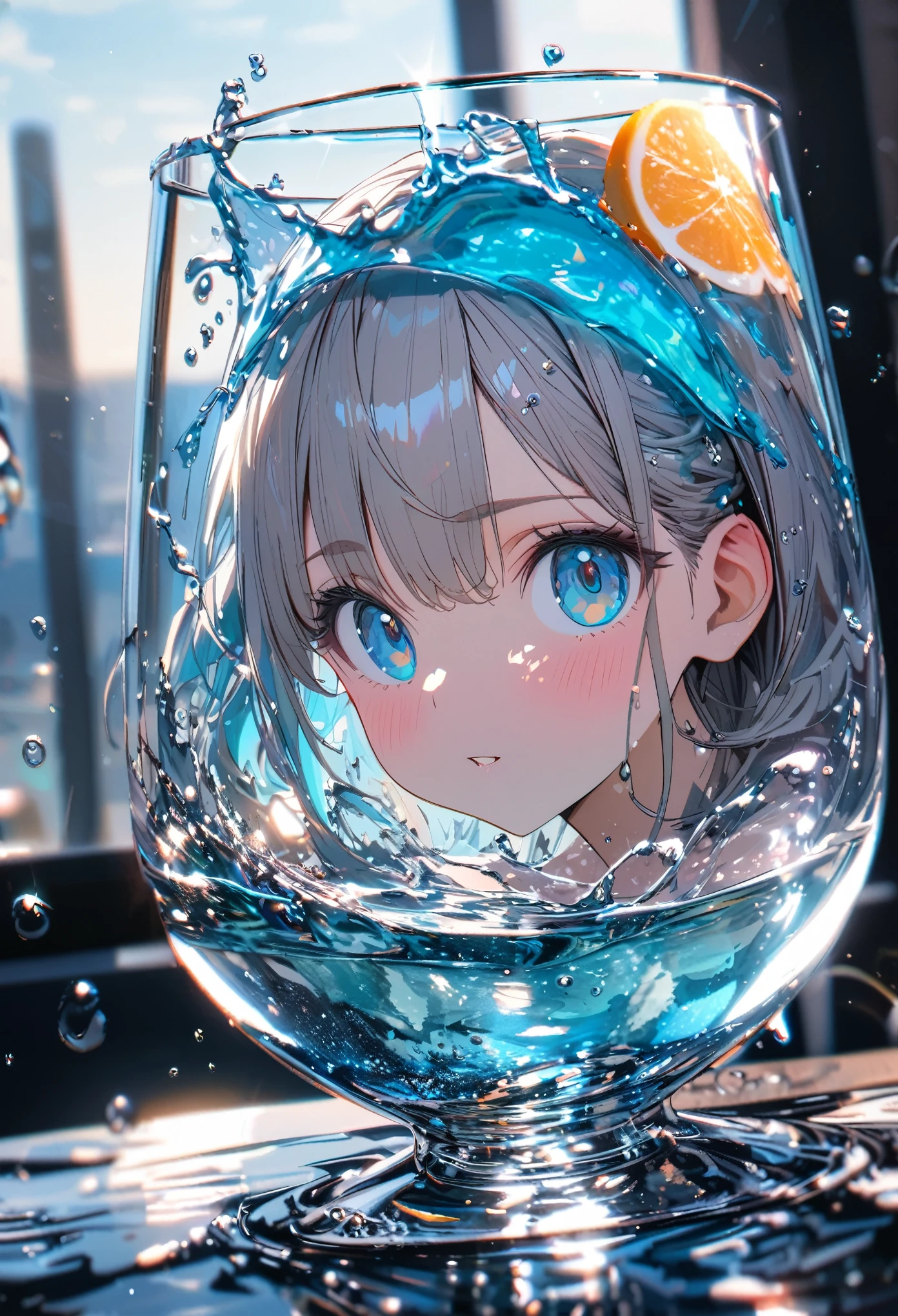 ultra detailed, 8k, a glass, water in glass, bubble, right blue water, cool, bright