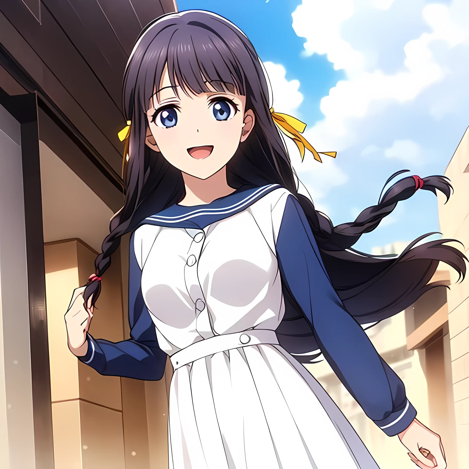 (highest quality, masterpiece:1.2), highest quality, High resolution, 1080p, 8K, Game heroine CG, Height: 158cm, ((A beautiful girl, the game heroine, is smiling and looking proudly.)), A face that everyone loves, Glossy lips, Even bangs, Double, Long eyelashes on both the top and bottom, Smiling blue eyes, The very large and thick yellow ribbon bowtie is very cute., ((Black Hair)), ((Beautiful, shiny, long braids)), ((A long, neat, dark navy pleated skirt)), (((A long-sleeved navy blue sailor uniform for winter, all dark blue in color))), ((Navy blue jacket)), Smiling, slightly open mouth like a game heroine, Ribbon in hair, Tight waist, (((The background is pure white))), ((The wind blowing upwards is shaking my bangs))