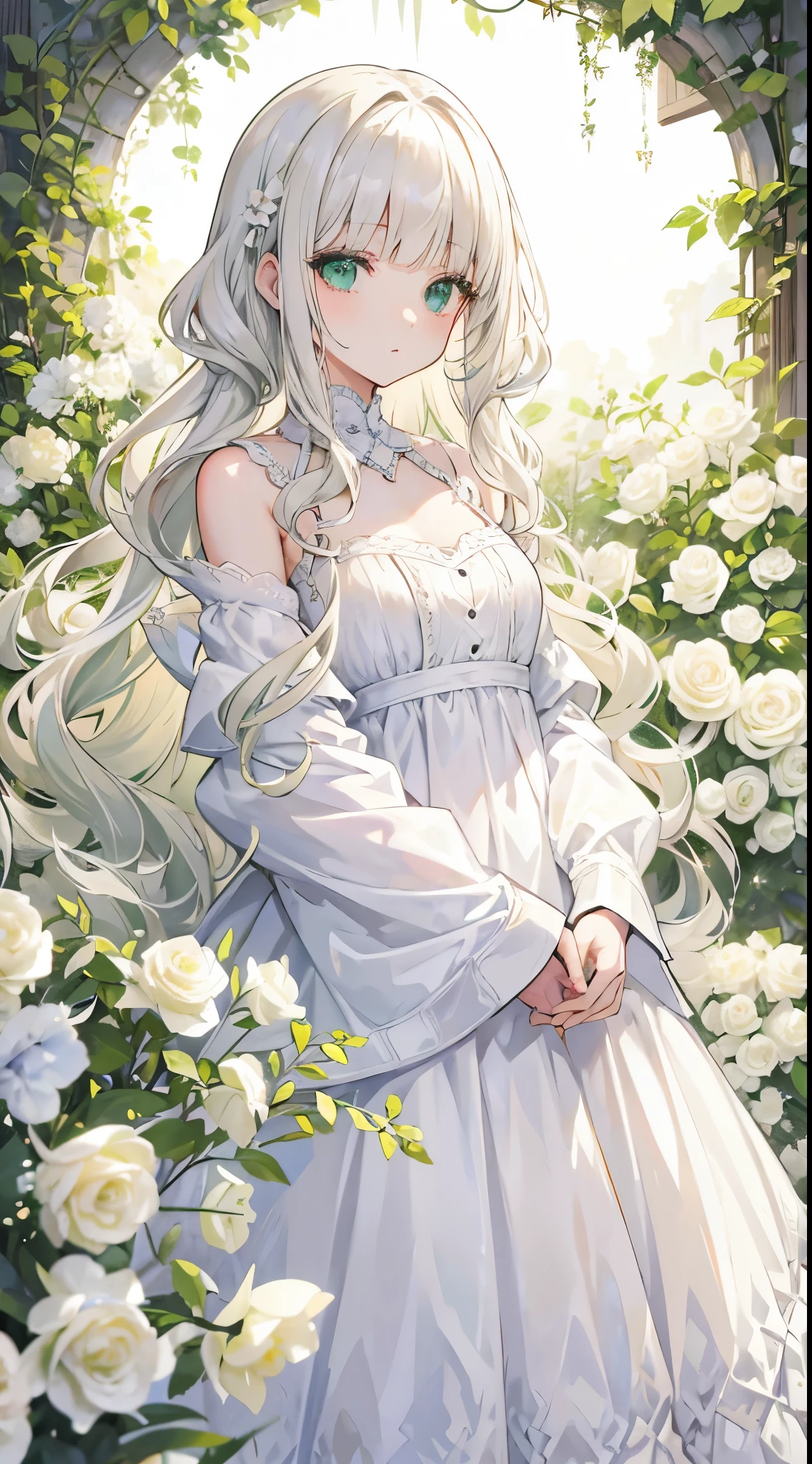 Platinum Blonde、Long Hair、Green Eyes、Curly Hair、Curly Hair Bangs、Lady、White flower、White Dress、sunlight、Fluffy bangs、Curly bangs