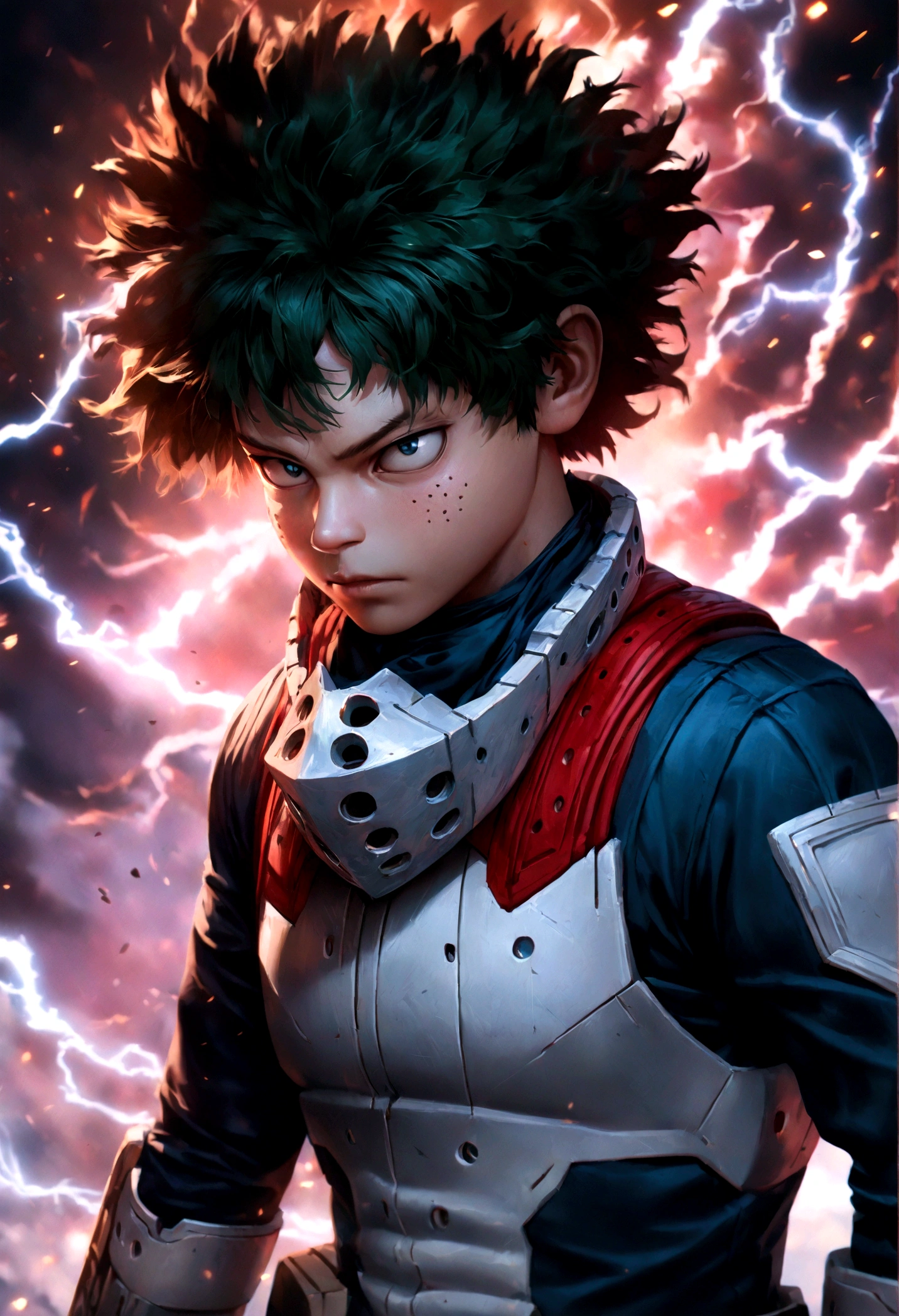 1boy, Midoriya Izuku from Boku no Hero Academia, detailed face and eyes, lightning electricity effects, serious expression, beautiful detailed face, masterpiece, ultra-detailed, photorealistic, cinematic lighting, dramatic colors, intricate details, hyperrealistic, digital art