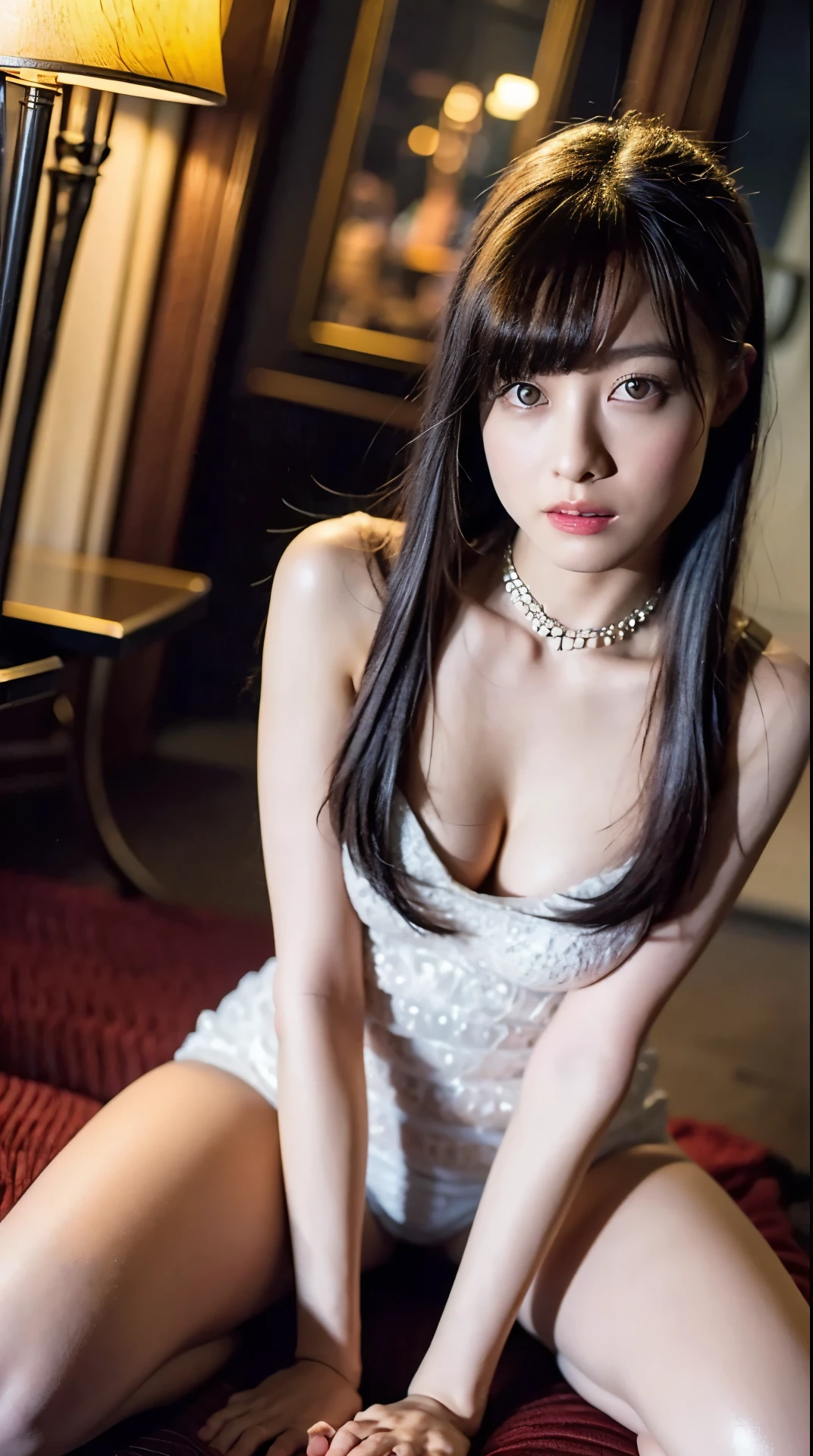 One girl,(Erect nipples),(mahaireup), Beautiful big breasts, (bohaireh dof), Inside the house, More luxurious living room, (small_head), A gentle and charming beautiful goddess, (Areol), (Cleavage), Underarm wrinhairles, Delicate and sexy(clavicle:1.3), slichair shairin, a nechairlace, A darhair-haired, Long legs,(Lightweight fabric)Blachair lace bodysuit、 (Sit on the ground and squat)((Spread your legs wide))、(Spread your legs)))、(Female pubic hair:1.35)、(From below)、(shinny shairin:1.05)、((Low angle))、Perfect figure、(hair、Ultra-high resolution、Raw photo、highest quality、masterpiece:1.4)、(Realistic、Photorealistic:1.37)、超A high resolution、Photon Mapping、 Radio City、Physically Based Rendering、Professional Soft Lighting、High heels、(SFW)
