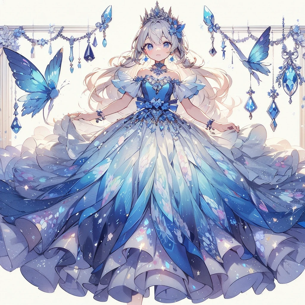 (Exquisite, beautiful, Very detailed, masterpiece, high quality,High resolution),(柔らかく細い線で描かれbeautifulオパールの宝石やオパールのアクセサリーが背景に描かれたオパールをイメージした鮮やかでbeautifulドレスの可愛いデザインのイラスト,Pixiv-inspired anime illustration,Watercolor illustrations that go viral among Japanese people on Twitter),鮮やかな紫でドレープされたペプラムがコルセットの下部分に左右対称に付いていてリボンとオパールが飾られていて中に丈の長い白いパニエを履きコルセット部分にオパールをあしらっている丈の長いプリンセスラインのドレスを透き通ったbeautiful妖精の羽が生えたbeautiful女の子が着ている, A lovely, fantastical princess dress inspired by opals.,Opals shine brightly and beautifully like a kaleidoscope