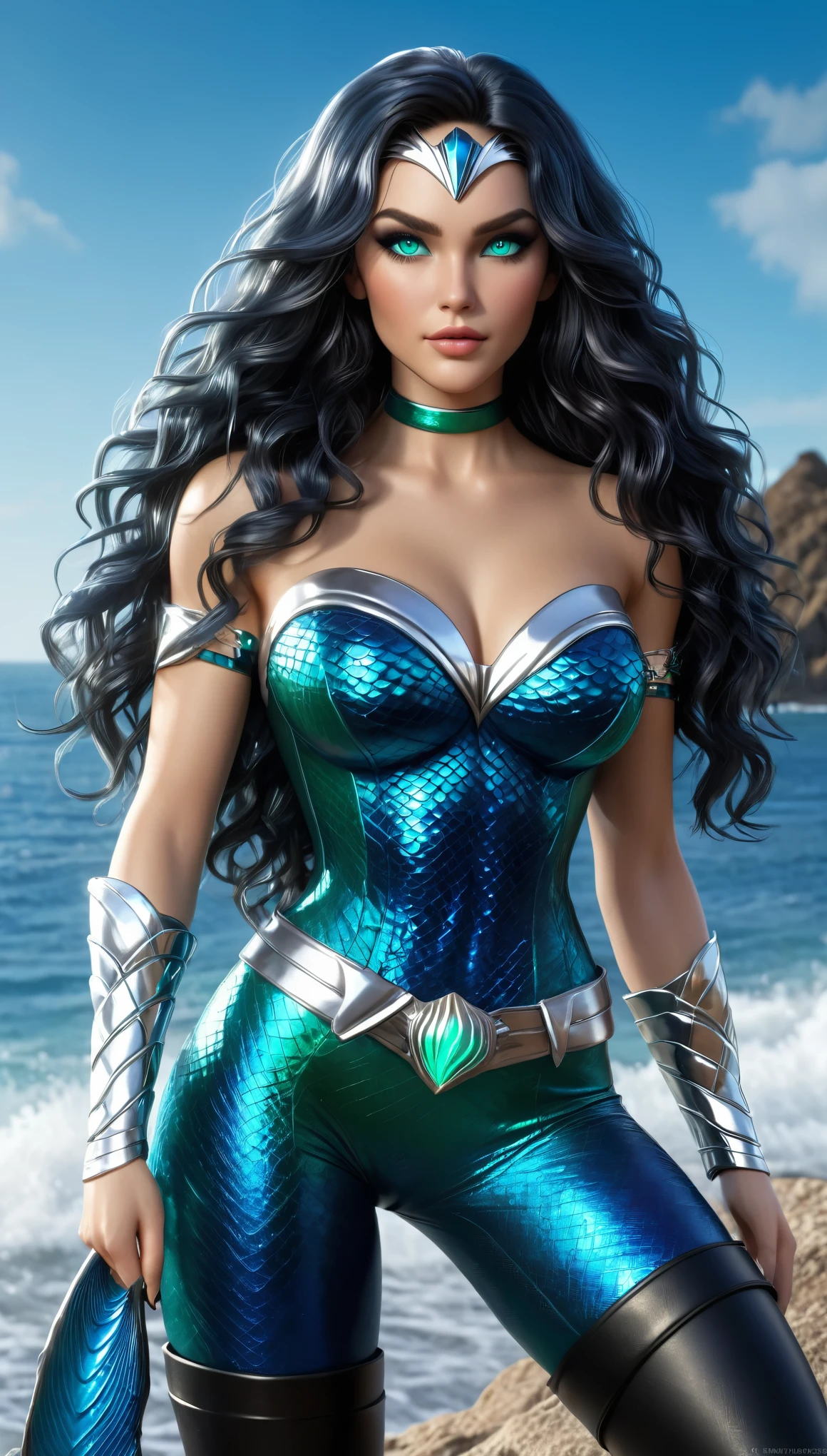 ( Masterpiece, 4k resolution, ultra-realistic, very detailed) A beautiful sexy female superhero who is a demigoddess , blue/green eyes and long dark hair. , , She wears a blue outfit with a fish scale like texture sleeveless , she has bracelets that are silver, and has black boots with a glowing blue tint. a silver belt with a sea shell in the center, (Oceania) (laying on her bed seductively) (curly hair)