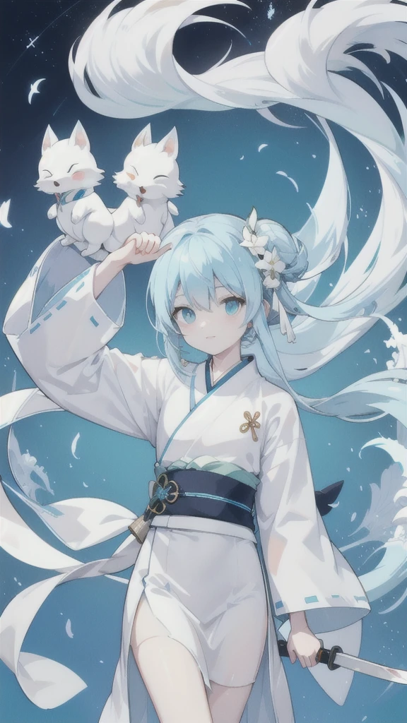 White Fox God,White Hanfu,cyan long knife