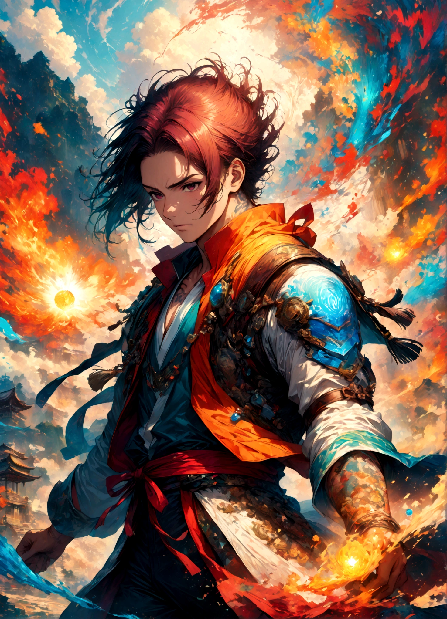 (1 male,hozuki),alone,comics『hozukino-reitetsu』Characters,,,Fighting Style,,effect,Enjoy the fight,,tattoo,,Digital Art,An illustration,Intricate details,,Wide range of colors,artwork,rendering,,(highest quality:1.4),(Very detailed:1.5),High resolution,Very detailed,unity 8k wallpaper,Draw artistic background,Light and shadow,Five elements,