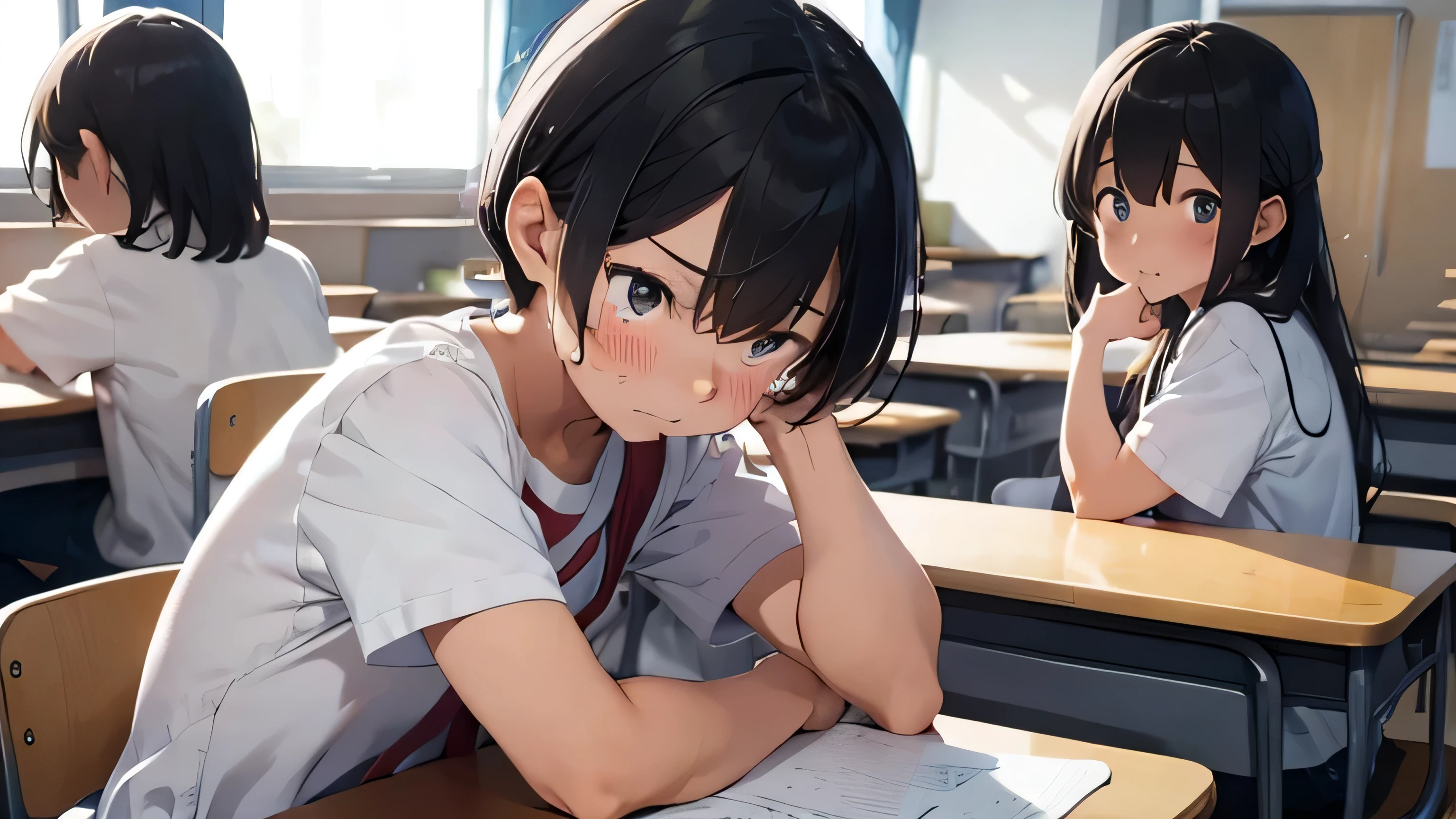 A boy crying face down in a classroom