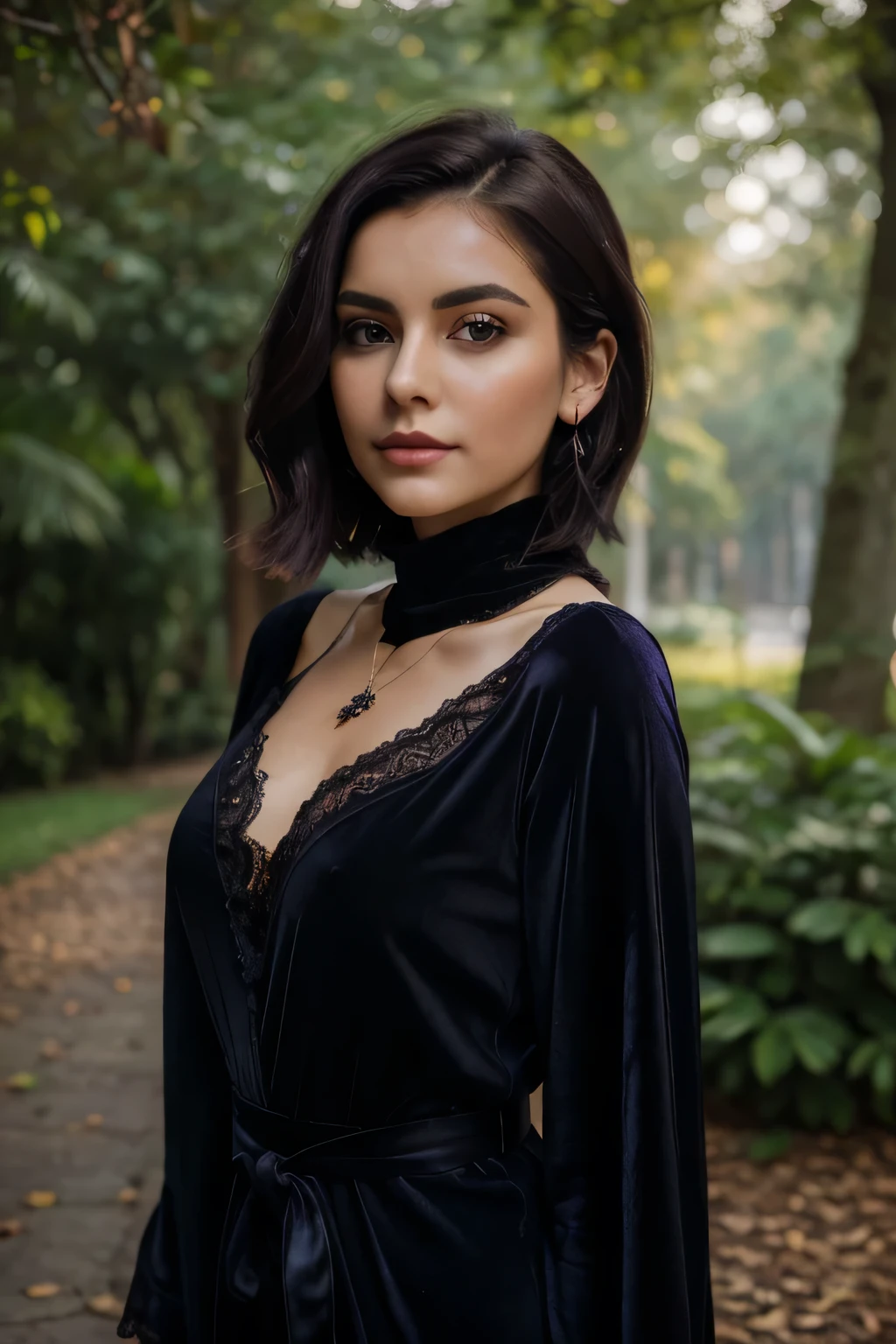 ((best quality)), ((masterpiece)), (detailed), perfect face, Design an art drawing of a captivating gothic female with dark purple hair framing her pale, flawless complexion. Her dark robe, adorned with intricate lace and velvet details, exudes an air of elegance and sophistication. Use a soft, ethereal glow to accentuate her ethereal beautyAW portrait photo of beautiful young sks woman, (masterpiece, best quality), beautiful Cuban woman, detailed sleeveless turtleneck top, pants, necklace, short straight hair, beautiful face, alluring, big gorgeous eyes, open mouth, happy, perfect slim fit body, (outdoor), bright colors, UHD, absurdres, epic scene composition, cinematic look, Fujifilm XT3, dslr, high quality, film grain