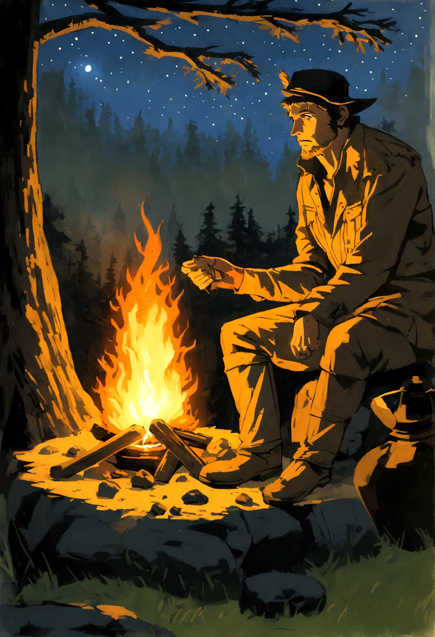 A single early American frontiersman sitting in a Clear in the forest, Beside the ancient fire. A coffee pot sits on a rock by the fire.. cooking over fire. night scene. glowing campfire, incredible light, stars in the sky, Clear in the forest. Drawn in the style of Frederick Remington..