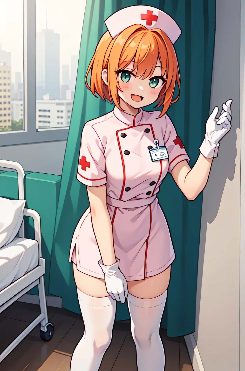 1girl, solo, nurse, nurse cap, white nurse uniform, ((white legwear, zettai ryouiki)), white gloves, very short hair, orange hair, smile, open mouth, standing, ((hospital room)), sharp outline, short sleeves, tomboy, boyish, best quality, masterpiece