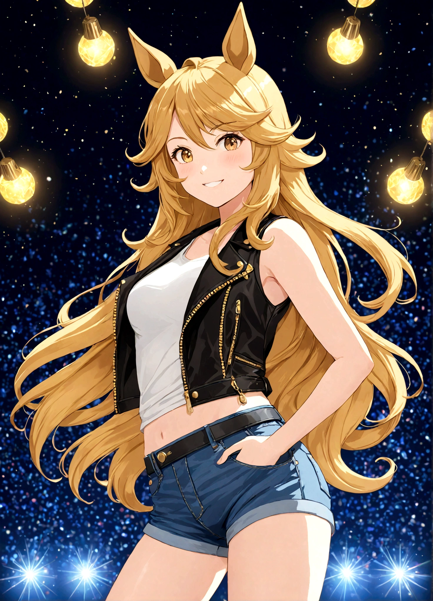 gold_city, umamusume, cygames, detailed, beautiful golden wave long hair, shiny elegant smile, One handed akimbo, posing, long white legs, show shoulders and arms, short jeans, open sleeveless denim black leather jacket, stage full of lights background