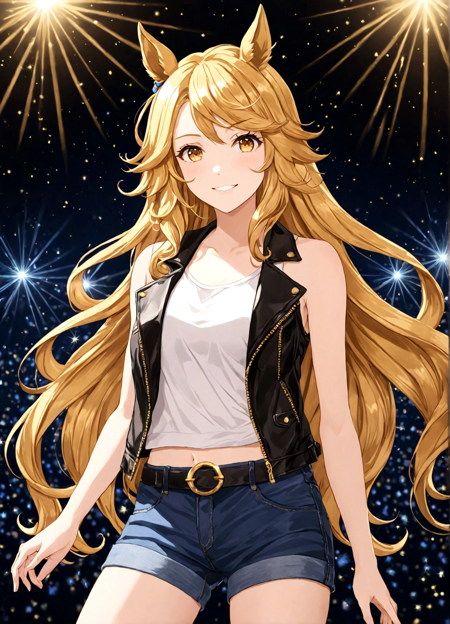 gold_city, umamusume, cygames, detailed, beautiful golden wave long hair, shiny elegant smile, One handed akimbo, posing, long white legs, show shoulders and arms, short jeans, open sleeveless denim black leather jacket, stage full of lights background