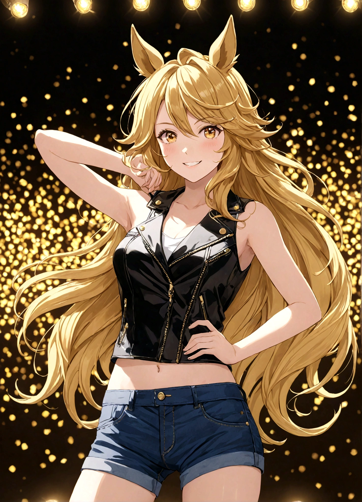 gold_city, umamusume, cygames, detailed, beautiful golden wave long hair, shiny elegant smile, One handed akimbo, posing, long white legs, show shoulders and arms, short jeans, open sleeveless denim black leather jacket, stage full of lights background