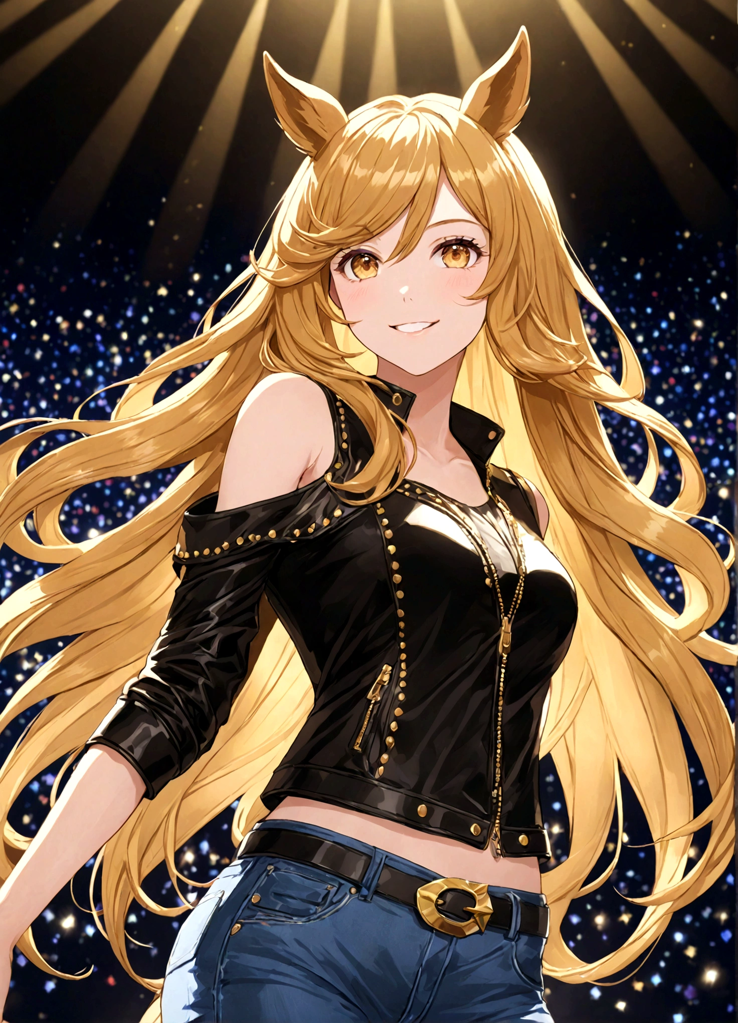 gold_city, umamusume, cygames, detailed, beautiful golden wave long hair, shiny elegant smile, One handed akimbo, posing, long white legs, show shoulders and arms, short jeans, open sleeveless denim black leather jacket, stage full of lights background