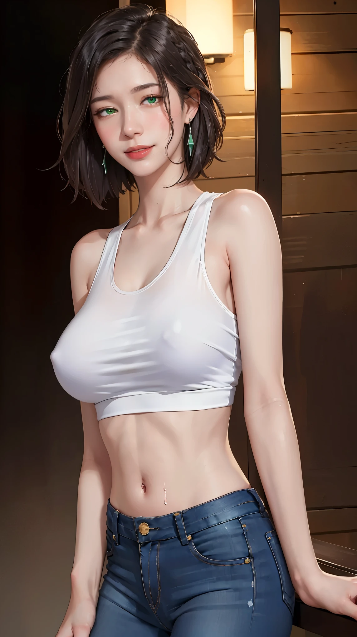 ((((masterpiece, best quality, high resolution)))), Extremely detailed 8K, Beautiful girl with voluptuous body, (Ultra HD, Ultra-detailed, Highly detailed, Highly realistic, Ultra-realistic, photograph realistic), (1girl:1.5), (Realistic black hair, red underlights hair), (short wavy hair, hair ornaments, earrings), (dynamic poses), facing at camera, looking at viewer, (blushing red, embarrassed, smile), (green eyes, sharp eyes), (big perky breasts:1.2), (beautiful detailed face, beautiful detailed eyes), ((white crop tank top, black jeans)), (detail pussy), (standing up), sweat, glow, (nightlight), ((cowboy shot)), outdoor, seductive