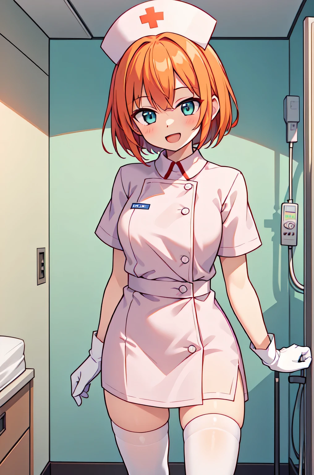 1girl, solo, nurse, nurse cap, white nurse uniform, ((white legwear, zettai ryouiki)), white gloves, very short hair, orange hair, smile, open mouth, standing, ((hospital room)), sharp outline, short sleeves, tomboy, boyish, best quality, masterpiece
