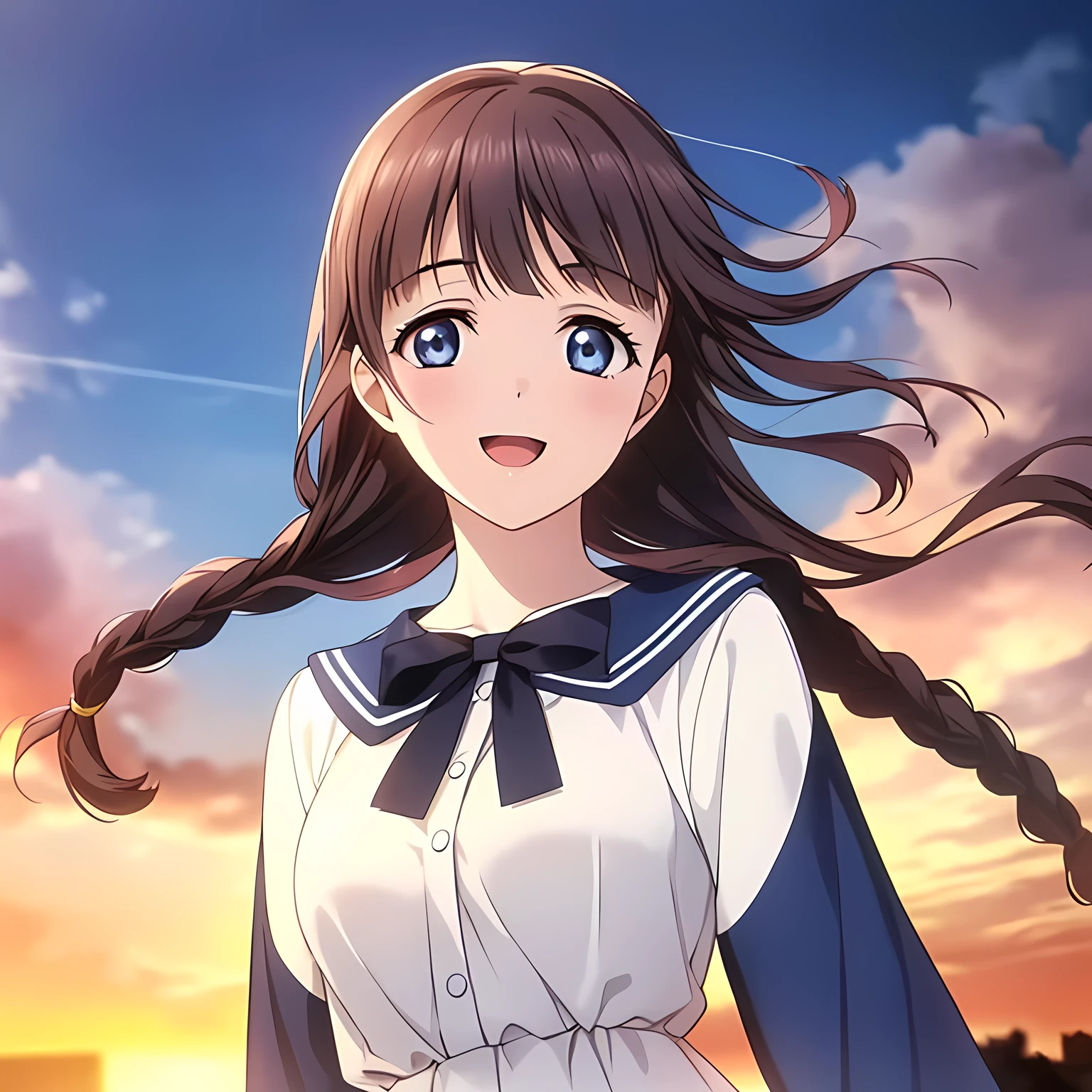 (highest quality, masterpiece:1.2), highest quality, High resolution, 1080p, 8K, Game heroine CG, Height: 158cm, ((A beautiful girl, the game heroine, is smiling and looking proudly.)), A face that everyone loves, Glossy lips, Even bangs, Double, Long eyelashes on both the top and bottom, Smiling blue eyes, The very large and thick yellow ribbon bowtie is very cute., ((Black Hair)), ((Beautiful, shiny, long braids)), ((A long, neat, dark navy pleated skirt)), (((A long-sleeved navy blue sailor uniform for winter, all dark blue in color))), ((Navy blue jacket)), Smiling, slightly open mouth like a game heroine, Ribbon in hair, Tight waist, (((The background is pure white))), ((The wind blowing upwards is shaking my bangs))