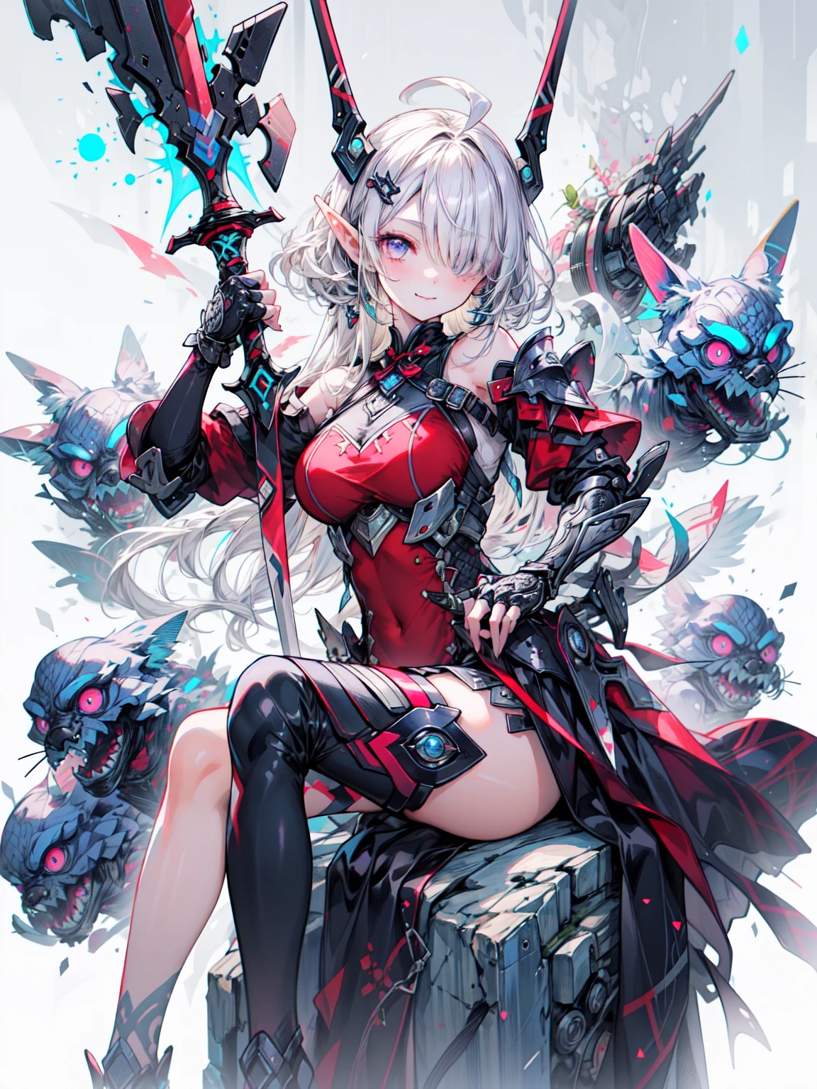 detailed illustration of warrior girl with short black hair, Wearing a red tunic and intricate armored gauntlets and shoulder pads, She is sitting on a big rock, An ornate sword rests beside her, The background is a vibrant blue sky, Manga art style, Dynamic manga illustration、 , Blake、非常にdetailed (Dark Elf), (1 girl), alone, Perfect Face, detailed, Ahoge, ((Long Hair:1.2)), (Hair above one eye:1.3), [[Messy Hair]], Shiny blonde white hair, Purple eyes, Variegated eyes, Colorful Hair, Shining Eyes, Bright Eyes, Face imprint, (eyelash, eye shadow, pink eye shadow), smile, design art by Mikimoto Haruhiko, by Kawashi, by Yoshitaka Amano,Blake、 ((Perfect Anatomy)), Nice body, Big Breasts、(非常にdetailed指), Best Hand, Perfect Face,(Perfect Fingers), Correct Anatomy,