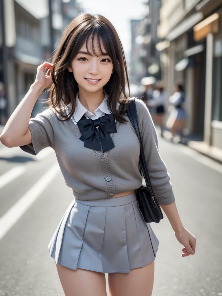 (8k, RAW Photos, highest quality, masterpiece:1.2), (Realistic, photo-Realistic:1.4), (Highly detailed 8k wallpaper), Sharp focus, Depth of written boundary, Cinematic lighting, Soft Light,Eyes of delicate beauty,shiny smooth light brown Long Bob Hair, Asymmetrical bangs, Glowing Skin, Ultra-dense skin,High resolution, High Detail, Detailed hairstyle, Detailed facial beauty, hyper Realistic, Perfect limbs, Perfect Anatomy ,1 Japanese girl,Famous Japanese Idols, Perfect female body, Large Breasts,smile,Short eyelashes,double eyelid,Long Bob Hair, (school uniform : 1.3), (Micro Mini Skirt Grey Micro Mini Skirt:1.3),Watching the audience, (Crowded street:1.3),Cowboy Shot