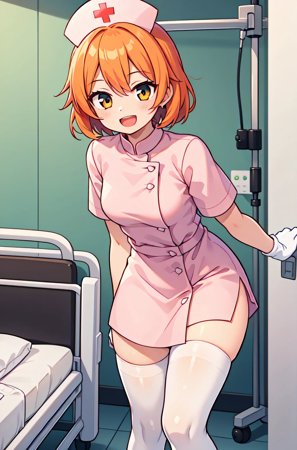 1girl, solo, nurse, nurse cap, white nurse uniform, ((white legwear, zettai ryouiki)), white gloves, very short hair, orange hair, smile, open mouth, standing, ((hospital room)), sharp outline, short sleeves, tomboy, boyish, best quality, masterpiece