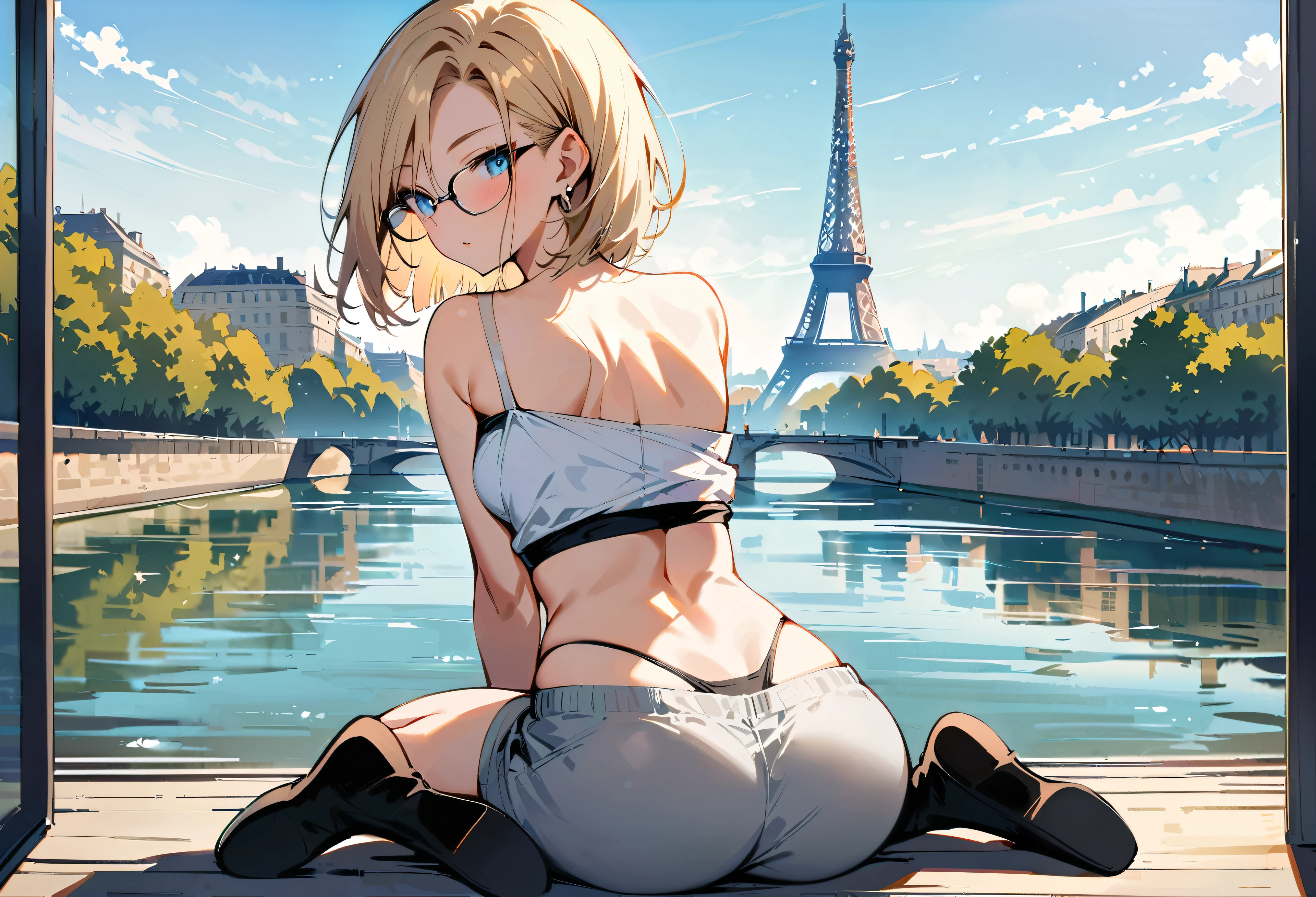 (masterpiece, best quality:1.2), from behind, solo, Android 18 from Dragon Ball, ((slip-on one-shoulder crop top)), (light gray top:1.2), (gray sport shorts), strings of thong underwear slightly visible, (wearing glasses), small breasts, short blonde hair loose, (blue eyes), earrings on earlobes,  ((plane black cap)), black thighhighs, black loafers, head tilt, light blush, (wariza1:2), looking back, arm between legs, slender feminine figure, narrow waistline, skinny body, no jacket, no logo, backless crop top, the Eiffel Tower, the Seine, riverside, natural lighting and shadows, magnificent view, blur background, 4K