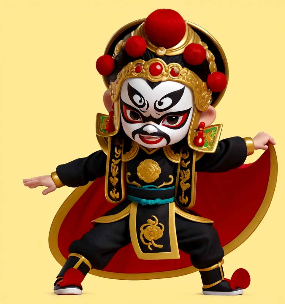 Close-up of a cartoon character wearing a red cape, Peking Opera, Inspired by Pu Hua, Inspired by Hu Zaobin, Inspired by Wu Bin, Ashura,From Chinese mythology,3D Intellectual Property Design, Pop Matt Style, Blind Box Toys, A super cute Chinese boy with Chinese Sichuan Opera characters, Chinese Traditional Festivals, Red, Black clothing,Happy, kung fu pose, Studio Lighting, Clean background, 3D, c4d, Blender, Redshift, Super detailed,